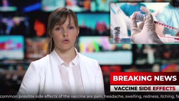 Nyheter kvinnlig presentatör talar nyheter om vaccinering biverkningar — Stockvideo