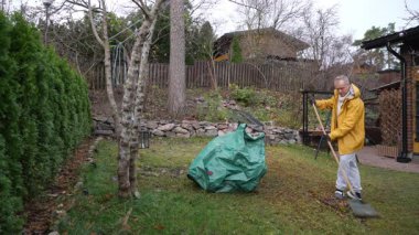 Aktif orta yaşlı bir adam bulutlu bir sonbahar gününde arka bahçedeki yaprakları tırmıklıyor. Mevsimlik açık hava işleri, çevre dostu yaşam tarzı ve ev bakımı kavramı.