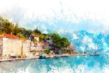 Eski tarzda mimarisi olan küçük, samimi bir kasaba manzarası. Perast, Karadağ