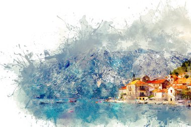 Eski tarzda mimarisi olan küçük, samimi bir kasaba manzarası. Perast, Karadağ