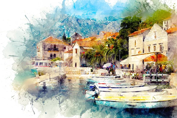 Eski tarzda mimarisi olan küçük, samimi bir kasaba manzarası. Perast, Karadağ