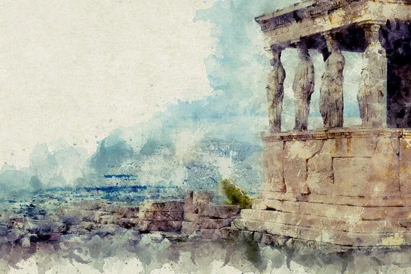 Temple Erechtheion avec le célèbre porche des caryatides au lieu de colonnes dans l'Acropole — Photo