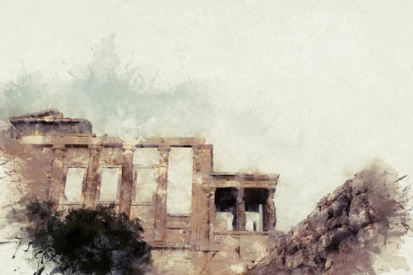 Tempel Erechtheion mit der berühmten Veranda der Karyatiden statt Säulen auf der Akropolis — Stockfoto