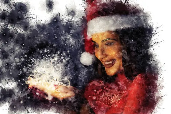 Una bella ragazza bruna con il trucco artistico, indossa un cappello di Babbo Natale, sta sorridendo su uno sfondo blu in studio — Foto Stock