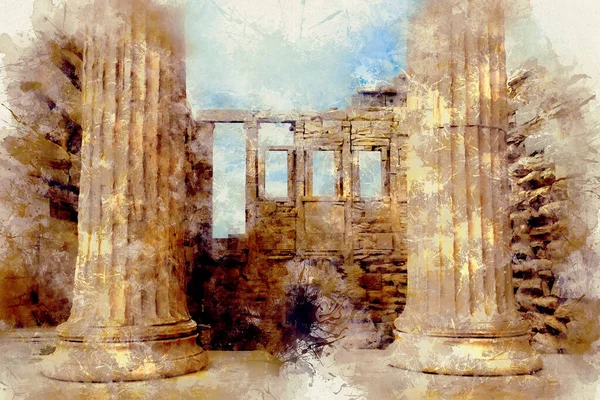 古い紙の上に豪華な風景の水彩画のイラスト アクロポリスの列ではなく 有名なCaryatidポーチとエレクテイオンの寺院 ギリシャのアテネ — ストック写真