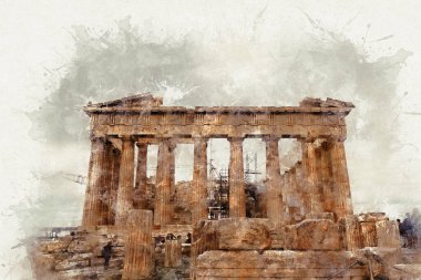 Parthenon 'un suluboya çizimi, Akropolis' teki antik bir anıtın kalıntıları. Atina, Yunanistan.