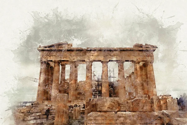 Parthenon 'un suluboya çizimi, Akropolis' teki antik bir anıtın kalıntıları. Atina, Yunanistan.