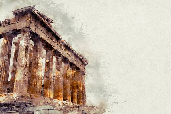 Akvarel ilustrace Parthenon, zříceniny starobylé památky v Akropoli. Atény, Řecko. — Stock fotografie