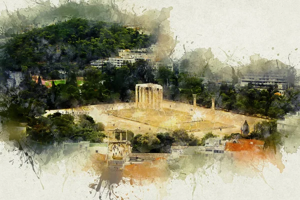 Aquarel illustratie Tempel van Olympisch Zeus in Athene, Griekenland. — Stockfoto