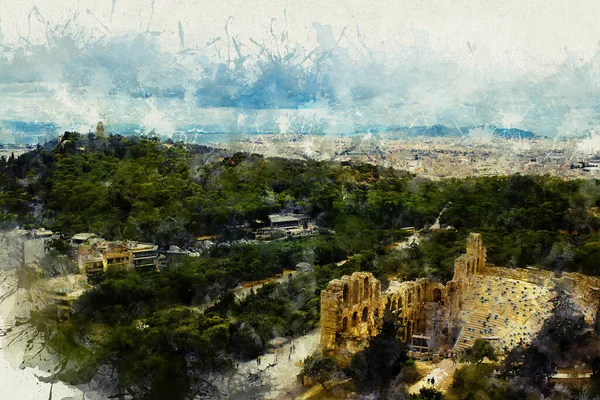 Akwarela ilustracje widok na miasto i morze nad punktem. Grecja, Ateny, Akropol. — Zdjęcie stockowe