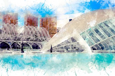Valencia, İspanya suluboya çizimi. Sanat ve bilim şehri manzarası - Turia nehrinin kurumuş dibinde bir mimari kompleks. Tasarım Valensiyalı mimar Santiago Calatrava 'ya ait.