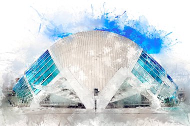 Valencia, İspanya suluboya çizimi. Sanat ve bilim şehri manzarası - Turia nehrinin kurumuş dibinde bir mimari kompleks. Tasarım Valensiyalı mimar Santiago Calatrava 'ya ait.