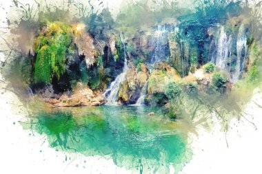Suluboya çizimi. Mostar yakınlarındaki Kravice Falls. Bosna-Hersek