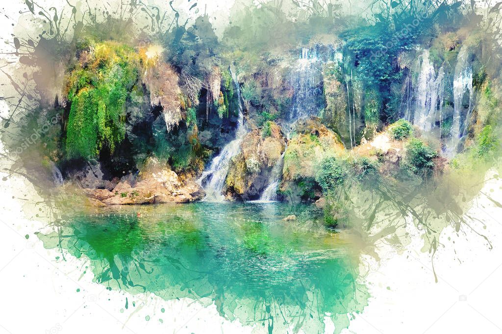 Watercolor drawing.Kravice Falls near the city of Mostar. Bosnia and Herzegovina