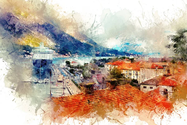 Desenho Aquarela Vista Panorâmica Panorâmica Panorâmica Cidade Histórica Kotor Costa — Fotografia de Stock