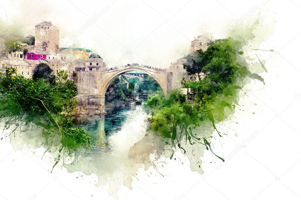 Watercolor drawing. The Old Bridge, Mostar, Bosnia-Herzegovina.