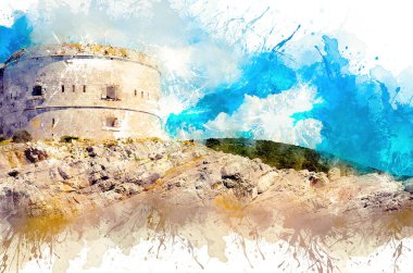 Suluboya çizim. İnanılmaz bir deniz manzarası. Karadağ 'ın Boka-Kotor Körfezi kıyısındaki kayalık bir sahilde eski bir kule