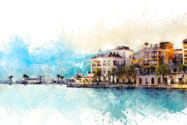 Suluboya çizim. Yazın günbatımında güneşli bir günde Kotor Körfezi 'nde bulunan tarihi Tivat kentinin manzaralı manzarası, su güneş ışınlarını yansıtır, Montenegr.