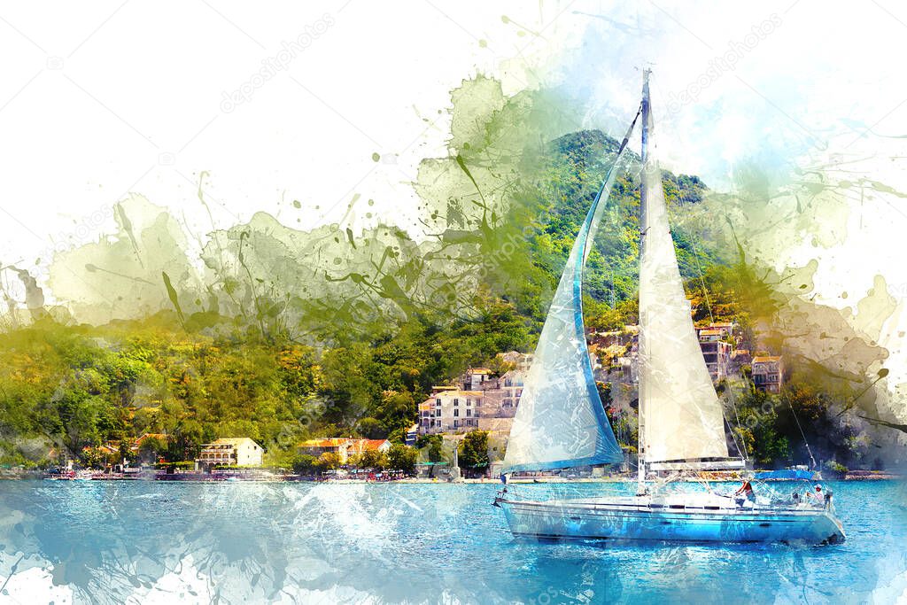 Watercolor drawing. View of green wooded mountains and blue sea, blue sky and white clouds and a yacht sailing through the waves between the mountains. Boka Kotorska Bay, Montenegro