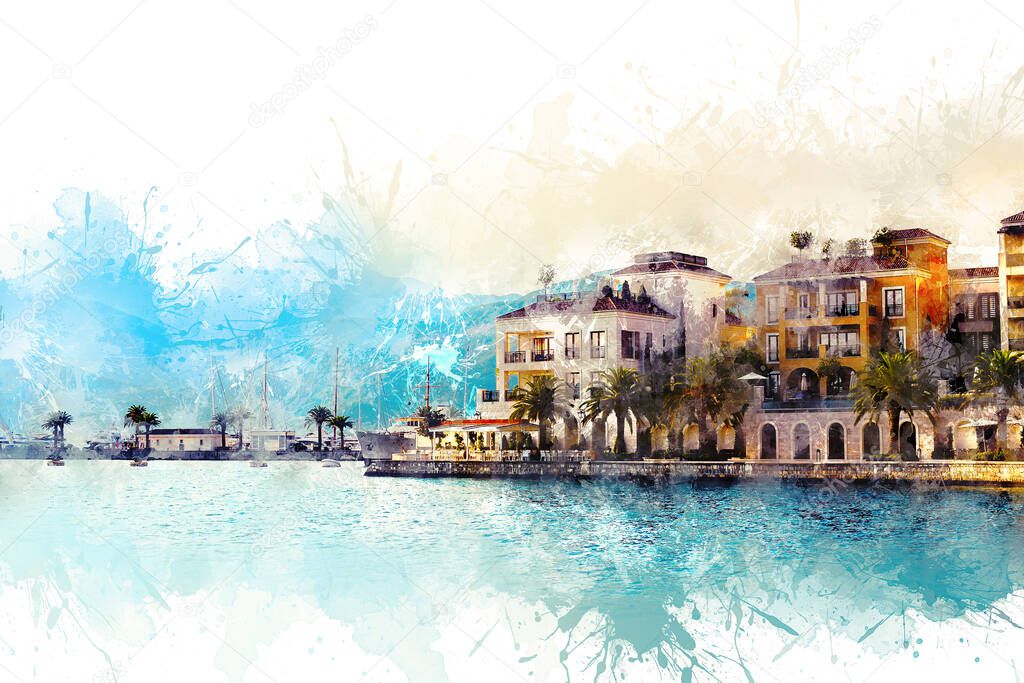 Watercolor drawing. Scenic panoramic view of the historical city of Tivat, located in the Bay of Kotor on a sunny day at sunset in summer, the water reflects the rays of the sun, Montenegr