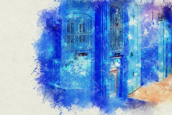 Чефшоуен, місто з блакитними розфарбованими будинками. Місто з вузькими, красивими, синіми вулицями.. — стокове фото
