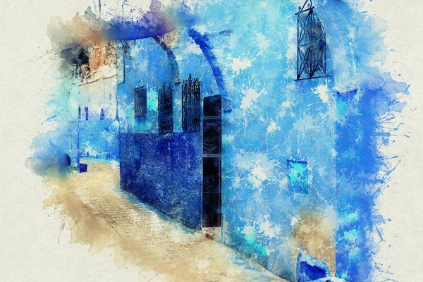 Chefchaouen, en by med blå malede huse. En by med smalle, smukke, blå gader. - Stock-foto