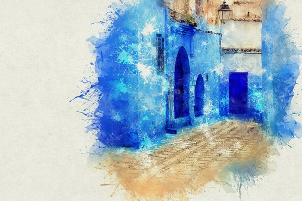 파란색으로 칠 한 집들이 있는 도시인 체파 우엔 입니다. 좁고, 아름답고, 푸른 거리를 가진 도시. — 스톡 사진