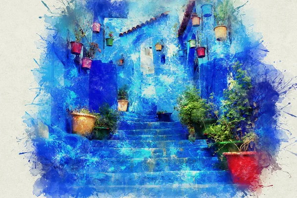 Chefchaouen, en by med blå malede huse. En by med smalle, smukke, blå gader. - Stock-foto