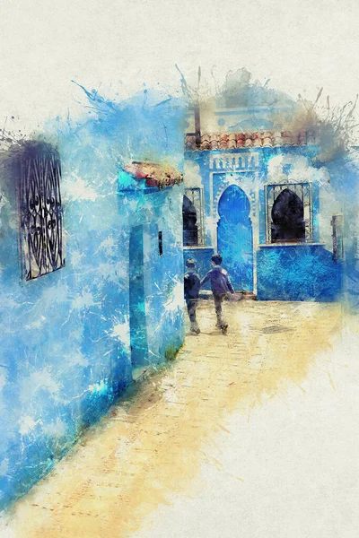 파란색으로 칠 한 집들이 있는 도시인 체파 우엔 입니다. 좁고, 아름답고, 푸른 거리를 가진 도시. — 스톡 사진