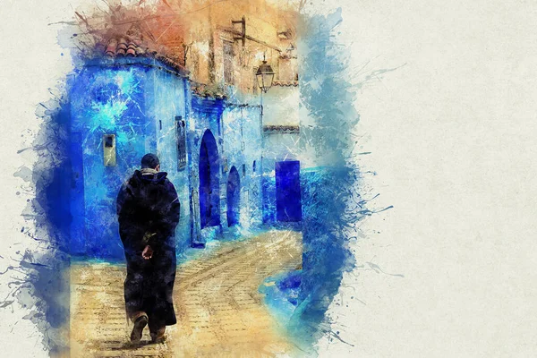 Chefchaouen, une ville aux maisons peintes en bleu. Une ville avec des rues étroites, belles et bleues. — Photo