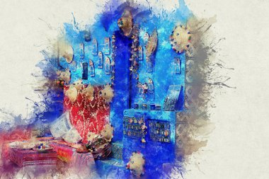 Renkli Fas kumaşları ve el yapımı hediyeler mavi şehirdeki sokakta Şef, Fas, Afrika..