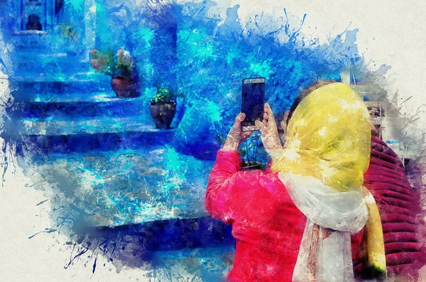 .Suluboya çizim. Turistler Chefchaouen 'de fotoğraf çekiyor. Şef, Fas.
