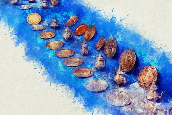 Kleurrijke Marokkaanse stoffen en handgemaakte souvenirs op straat in de blauwe stad Chefchaouen, Marokko, Afrika.. — Stockfoto