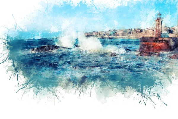 Atlantens vågor kraschar mot klipporna vid solnedgången vid fyren. — Stockfoto