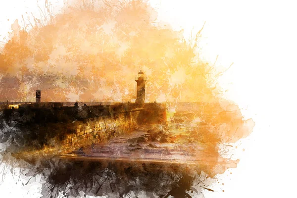 Desenho aquarela, ilustração. Farol de Felgueiras na costa do oceano Atlântico no Porto, Portugal ao pôr-do-sol — Fotografia de Stock
