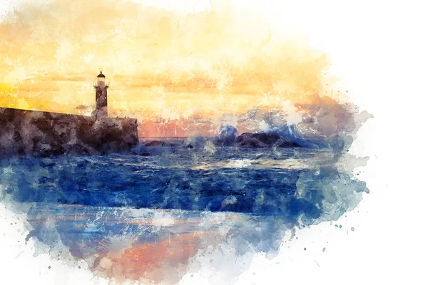 Suluboya resim, illüstrasyon. Felgueiras Deniz feneri Atlantik Okyanusu kıyısında Porto, Portekiz 'de gün batımında