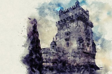 Lizbon, Belem Kulesi - Tagus Nehri, Portekiz. Parlak mavi gökyüzü olan mimari