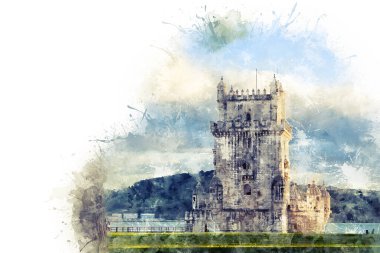 Lizbon, Belem Kulesi - Tagus Nehri, Portekiz. Parlak mavi gökyüzü olan mimari