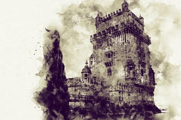 Lizbon, Belem Kulesi - Tagus Nehri, Portekiz. Parlak mavi gökyüzü olan mimari