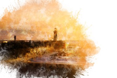 Suluboya resim, illüstrasyon. Felgueiras Deniz feneri Atlantik Okyanusu kıyısında Porto, Portekiz 'de gün batımında