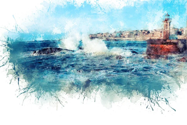 Волны Атлантического океана разбиваются о скалы на закате у маяка — стоковое фото