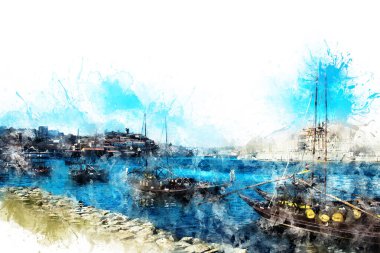 Suluboya resim, illüstrasyon. İki tekne ve bir nehir manzarası, arka planda bir köprü ve bir şehir