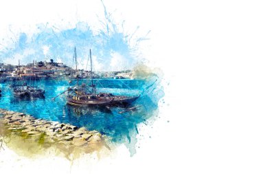 Suluboya resim, illüstrasyon. İki tekne ve bir nehir manzarası, arka planda bir köprü ve bir şehir