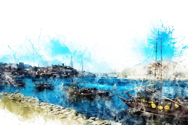 Desenho aquarela, ilustração. Vista de dois barcos e um rio, no fundo uma ponte e uma cidade — Fotografia de Stock