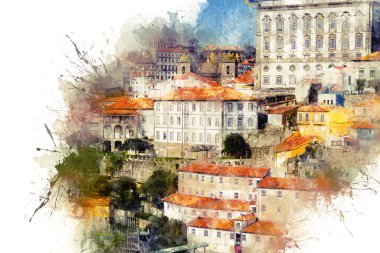 Suluboya çizim. Porto şehrinin mimarisi, kırmızı çatıları olan eski otantik binalar. Porto, Portekiz
