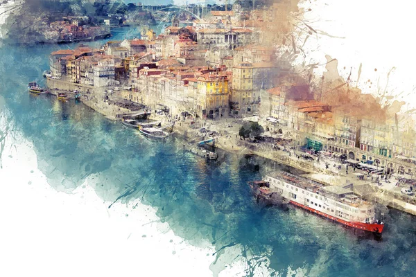 Акварельный рисунок, иллюстрация. Городской пейзаж, вид на город с верхней точки. Порту, Португалия — стоковое фото