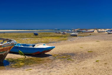 Deniz Burnu. Tunus 'un başkenti Djerba' daki Akdeniz Körfezi 'ndeki enkaz halindeki bir teknenin güzel manzarası.