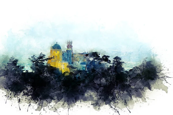 水彩画 葡萄牙辛特拉佩纳国家宫 Palacio Nacional Pena — 图库照片