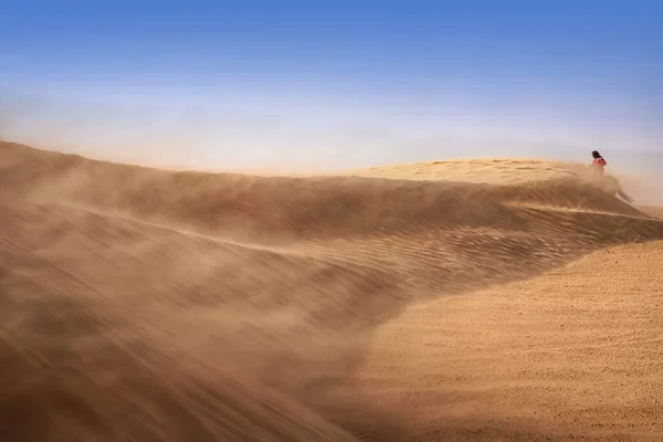 Einsame Sanddünen in starkem Wind unter dem Himmel vor dem Hintergrund der trockenen Wüste — Stockfoto