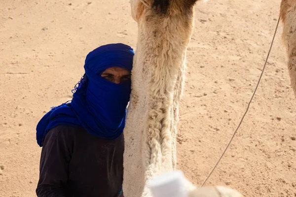 Bereber está de espaldas con un camello y mira a lo lejos en el desierto del Sahara — Foto de Stock